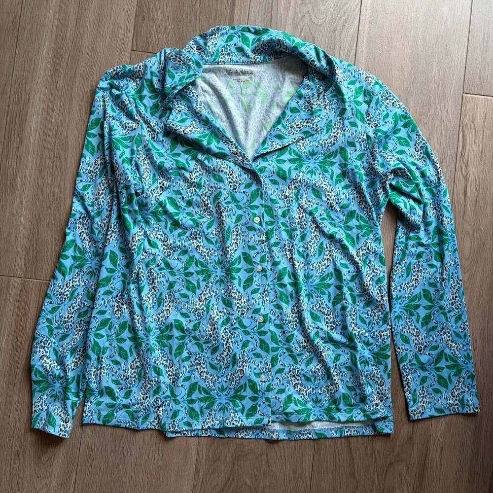 Lilly Pulitzer Pajama Long Sleeve Button-Up Top in Bon Bon Blue Leapin Leopards